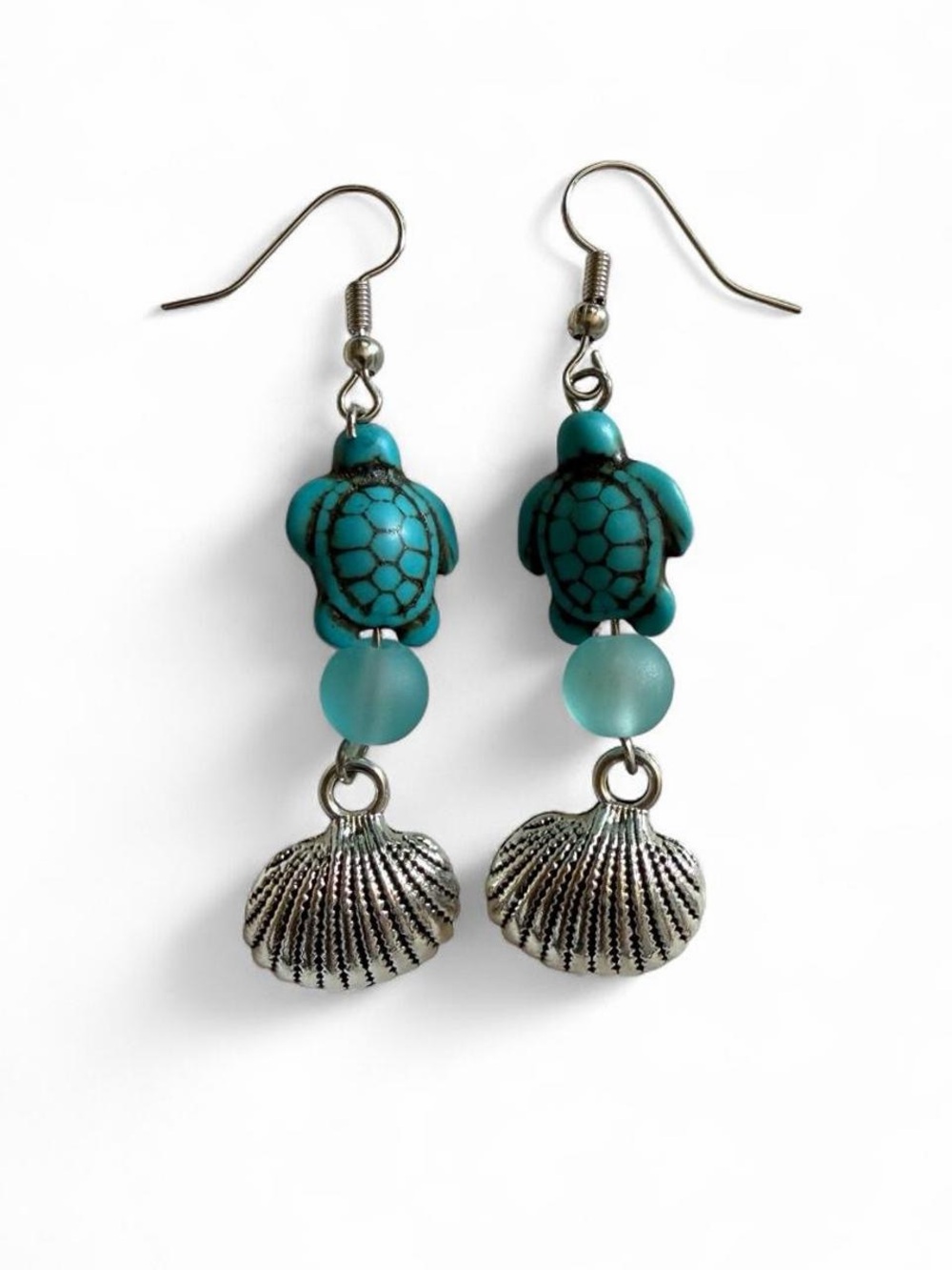 Handmade Turquoise Sea Turtle & Scallop Shell Earrings Boho Beach
